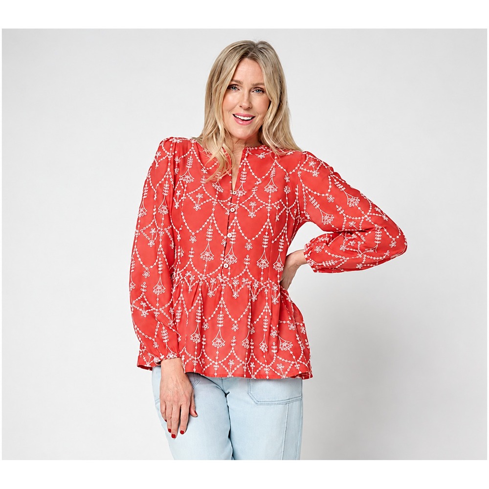 LOGO Lavish by Lori Goldstein Embroidered Long Sleeve Blouse Burnt Rouges, XL